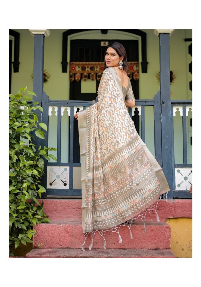 Malishka Export Grey Linen Cotton Digital Print Saree for Women - Image 2